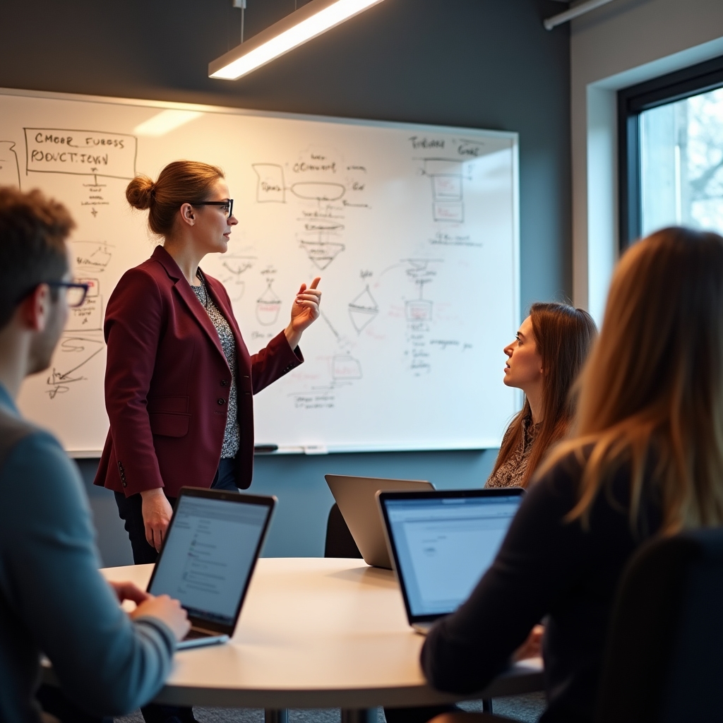 Преподаватель объясняет принципы построения дашборда группе участников